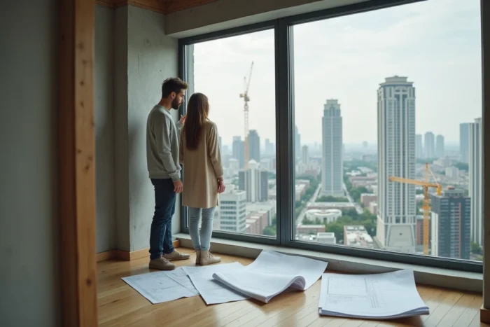 Jeune couple examinant des plans architecturaux dans un appartement vide avec vue sur la skyline urbaine