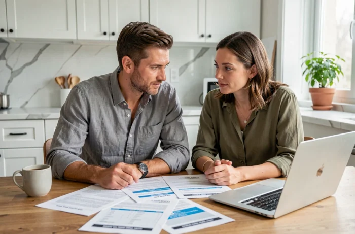 Couple comparant des offres de prêt immobilier sur ordinateur et documents imprimés à leur domicile