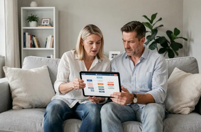 Couple consultant le plan du site d'un blog familial sur une tablette dans leur salon
