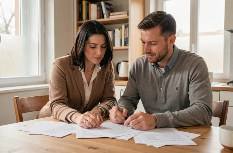 Couple examinant des documents de crédit immobilier à une table en bois dans un appartement moderne