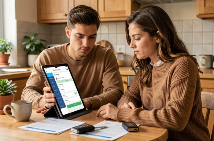 Couple effectuant ensemble des démarches administratives pour leur voiture sur une tablette à la maison