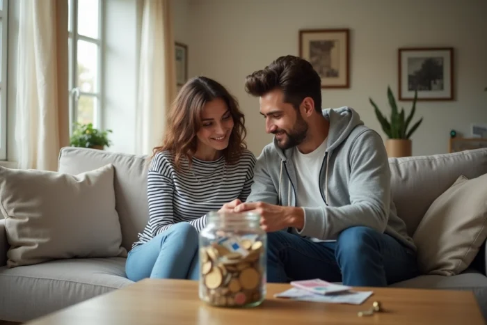 Jeune couple français discutant de leur épargne autour d'un bocal de pièces et billets en euros dans leur salon