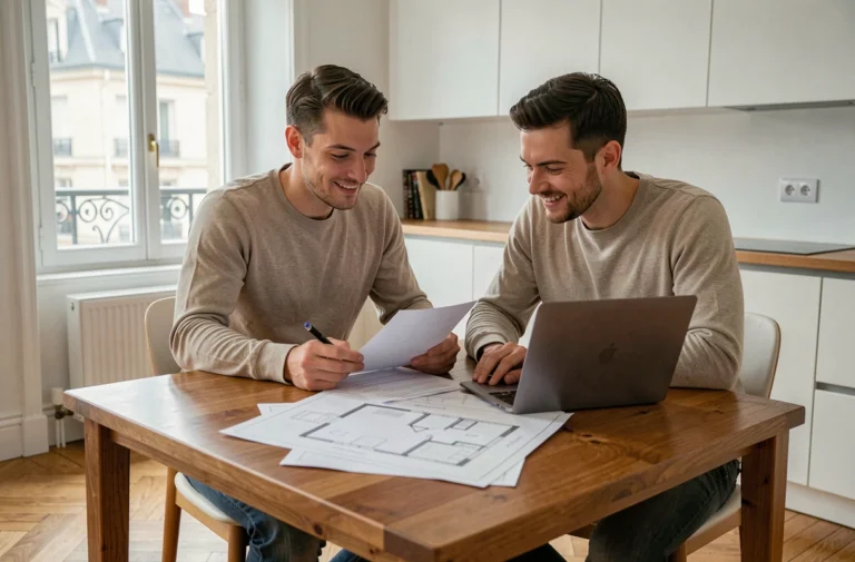 Couple étudiant un dossier de prêt modulimmo sur une table en bois dans un appartement moderne