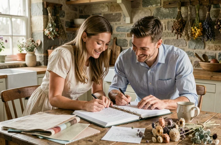 Couple de futurs mariés planifiant leur mariage à une table en bois avec des échantillons de tissu et un classeur de planification
