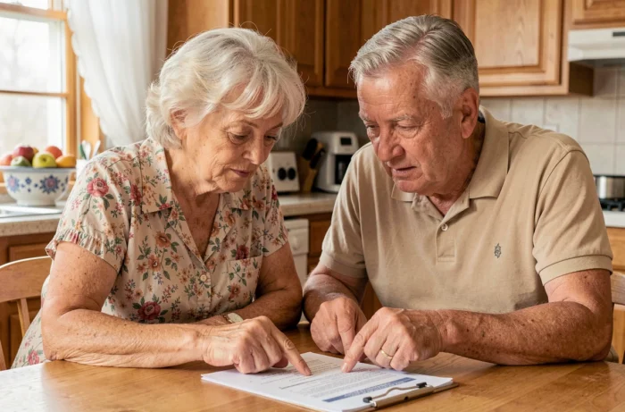 Couple de retraités examinant ensemble leur relevé d'information de l'Assurance Retraite à la table de la cuisine