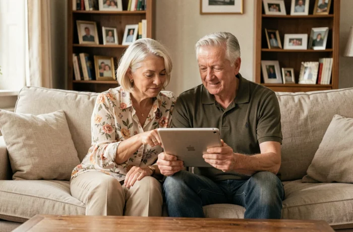 Couple de retraités consultant ensemble une tablette pour effectuer les démarches Agirc-Arrco en ligne via FranceConnect