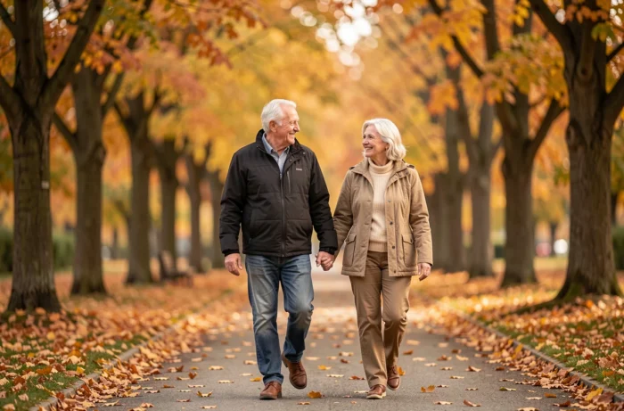 Couple de retraités se promenant dans un parc en automne profitant de leur retraite