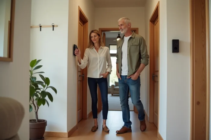 Couple installant et découvrant une serrure connectée et un interphone vidéo domotique à l'entrée de leur maison