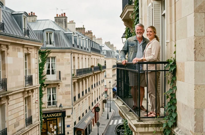 Couple visitant un appartement avec balcon dans un immeuble parisien classique avec vue sur les toits zinc de Paris