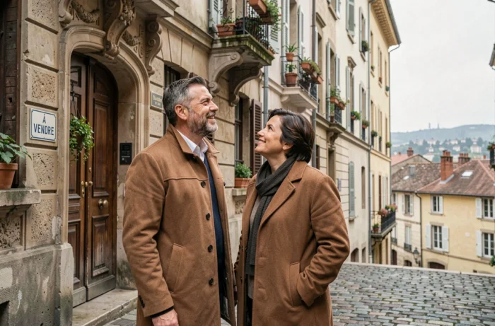 Couple visitant un immeuble à vendre dans le quartier de la Croix-Rousse à Lyon pour un projet d'investissement immobilier
