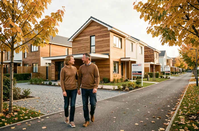 Couple visitant une maison individuelle neuve dans un quartier résidentiel moderne en automne, tendances immobilières récentes