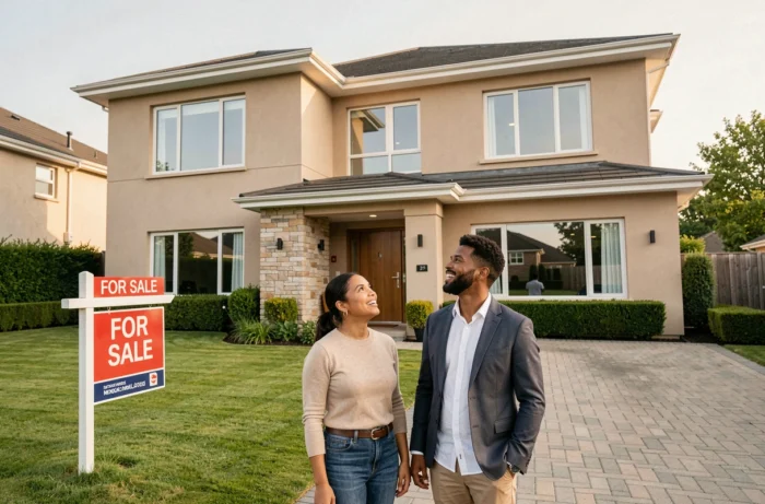 Couple visitant une maison à vendre en banlieue dans le cadre d'un projet immobilier 2024