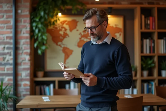 Homme consultant ses notes dans un espace de coworking chaleureux avec étagères en bois et briques apparentes