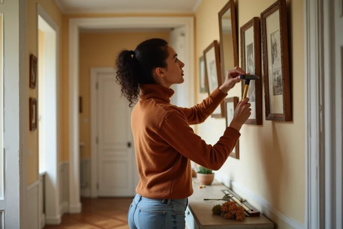 Femme créant un mur galerie avec des cadres et des miroirs dans un couloir décoré avec soin