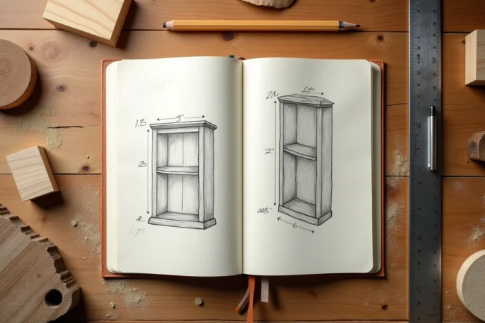 Carnet de notes avec croquis et dimensions d'une bibliothèque sur une table d'atelier en bois avec outils de mesure