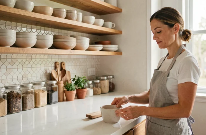 Femme arrangeant des objets dans une cuisine moderne fonctionnelle avec étagères en bois et carrelage artisanal zellige