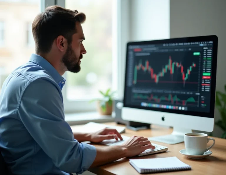 Jeune investisseur analysant des graphiques boursiers sur un ordinateur portable dans un bureau à domicile moderne