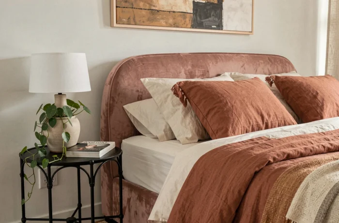 Coin chambre tendance avec tête de lit en velours rose poudré, table de nuit en fer forgé et plante verte en pot en grès
