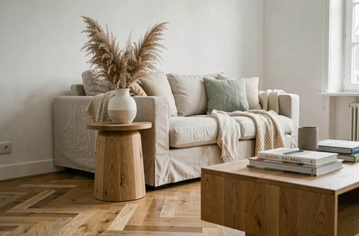 Salon scandinave moderne avec canapé en lin, vase en céramique et herbe de la pampa séchée sur parquet en chêne