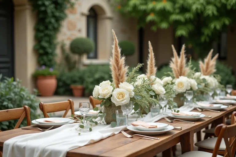 Décoration de table de mariage champêtre avec fleurs blanches, eucalyptus et vases vintage dans un jardin en plein air
