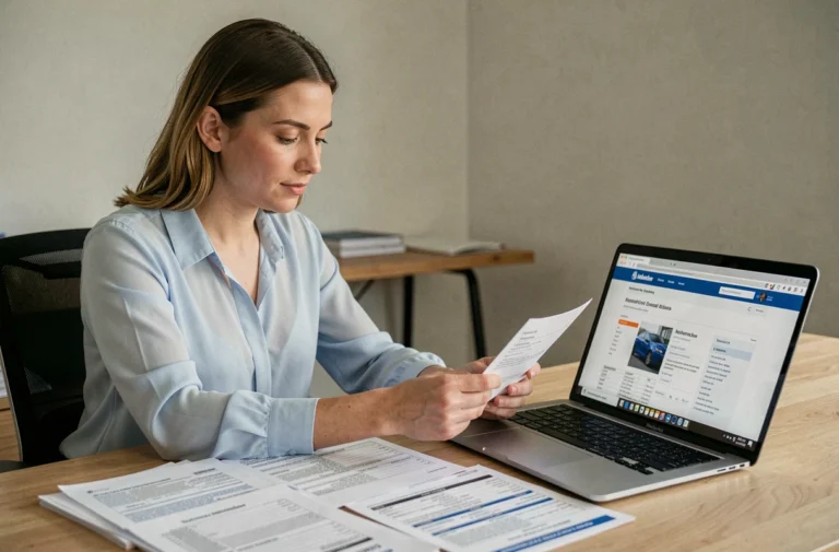 Femme effectuant des démarches administratives pour son véhicule sur un ordinateur portable à domicile