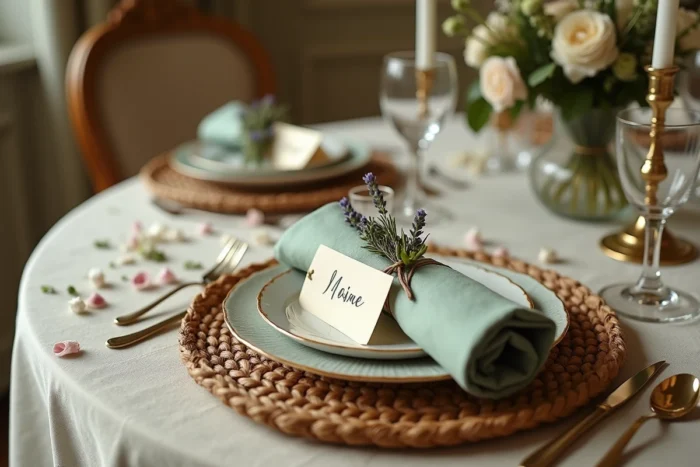 Détail d'un art de la table de mariage raffiné avec vaisselle peinte à la main, carton de place calligraphié et fleurs séchées dans un château