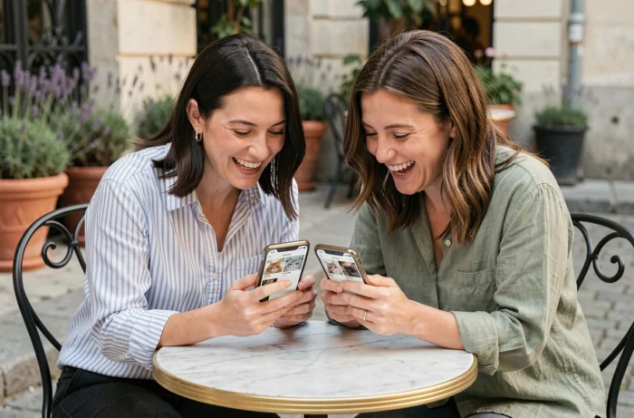 Deux femmes riant ensemble en découvrant l'application Aplouf dédiée aux amoureux des chats en terrasse de café