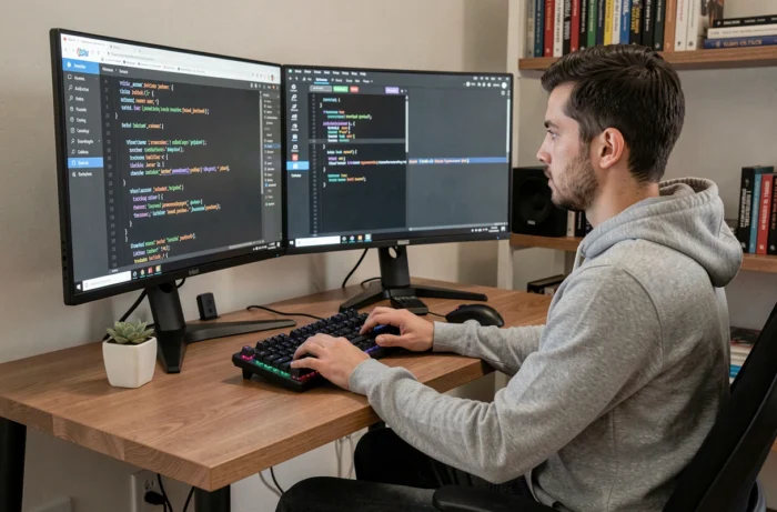 Développeur web masculin codant une solution web sur mesure dans un bureau à domicile pour améliorer la visibilité d'une entreprise en ligne