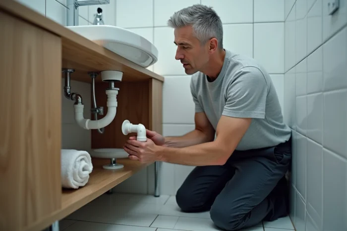 Homme dévissant un siphon de lavabo sous un meuble vasque en salle de bain