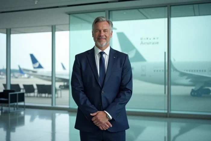Dirigeant d'Airbus en costume bleu marine dans le hall d'un siège social moderne avec vue sur des avions commerciaux