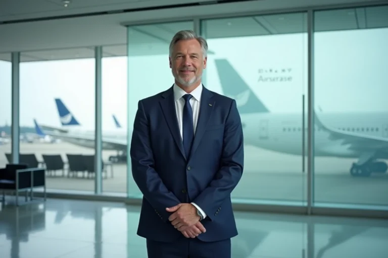 Dirigeant d'Airbus en costume bleu marine dans le hall d'un siège social moderne avec vue sur des avions commerciaux