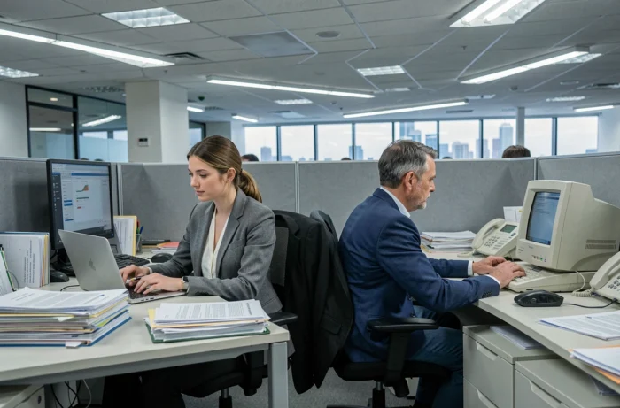 Deux collègues de bureau avec des conditions de travail inégales illustrant la disparité professionnelle