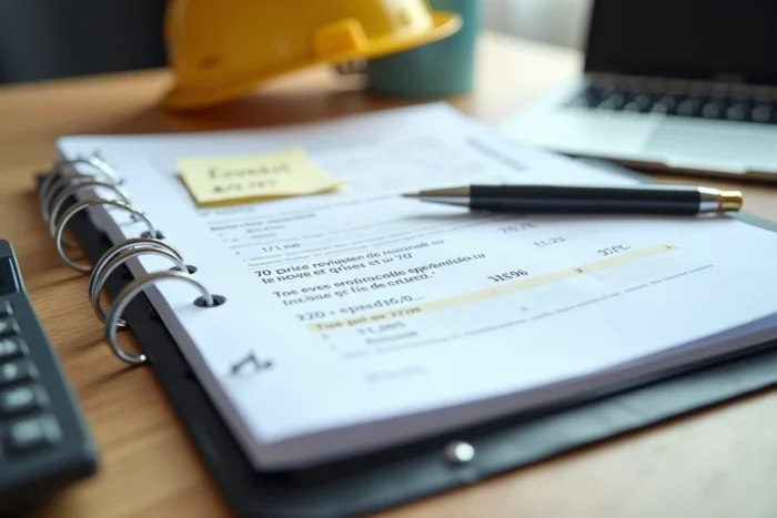 Détail d'un document de révision de prix de travaux avec formule d'indexation BT47 et calculatrice sur un bureau de chantier