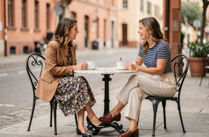 Deux femmes élégamment habillées discutant autour d'un café en terrasse, illustrant deux styles de mode complémentaires