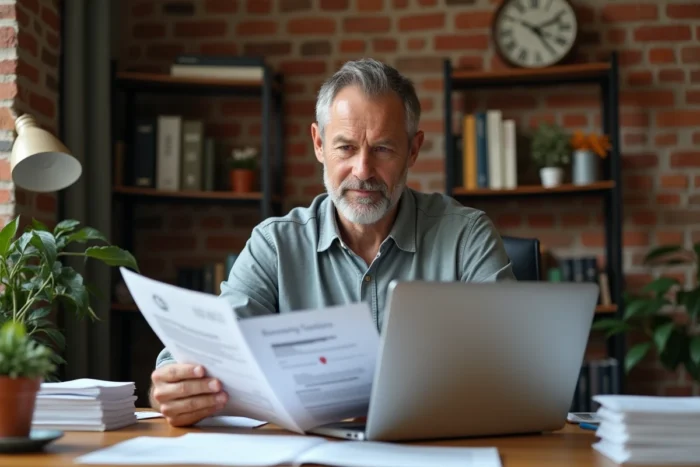 Chef de petite entreprise comparant des offres de sociétés d'affacturage dans son bureau pour optimiser sa trésorerie