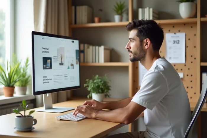 Entrepreneur travaillant sur une stratégie digitale depuis son bureau à domicile avec des écrans affichant des tendances e-commerce et des performances web
