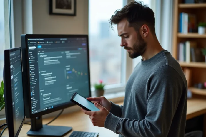 Entrepreneur en télétravail gérant son écosystème digital sur tablette et ordinateur portable