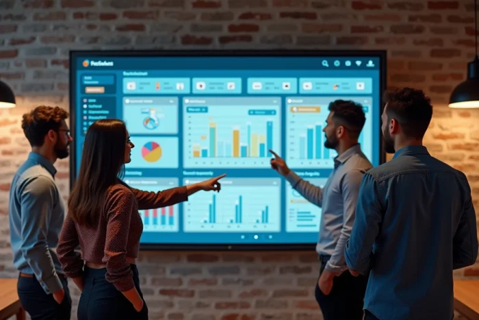 Équipe de collaborateurs analysant un écosystème de gestion digitale tout-en-un sur écran interactif