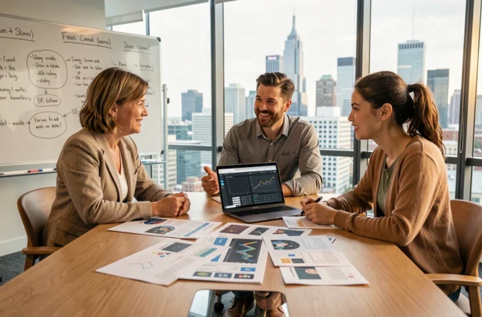 Équipe marketing collaborative examinant des maquettes de solutions web sur mesure et des analyses SEO pour booster la visibilité d'une entreprise
