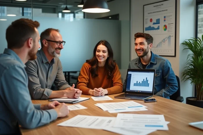 Équipe diversifiée collaborant sur une stratégie digitale autour d'une table de réunion avec des rapports marketing et un ordinateur portable