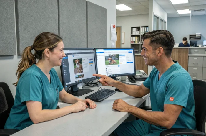 Deux techniciens vétérinaires collaborant sur un espace dédié de gestion de ressources vétérinaires en ligne dans une clinique