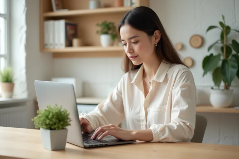 Femme aménageant son bureau inspirant avec plante verte et ordinateur portable sur un bureau en bois clair