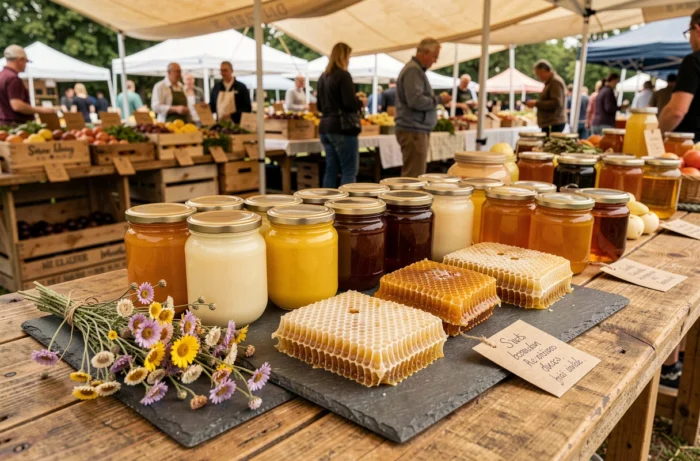 Étalage de marché fermier avec des pots de miel artisanal variés, des rayons de cire d'abeille et des étiquettes kraft sur un stand en bois