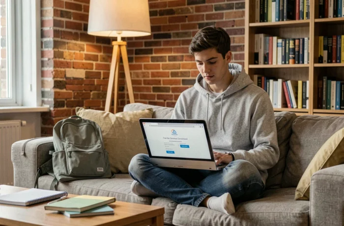 Étudiant universitaire téléchargeant PowerPoint gratuitement et légalement sur son ordinateur portable