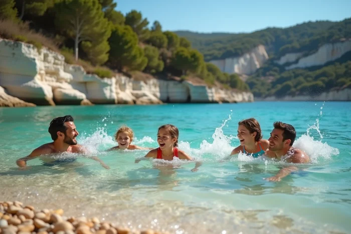 Famille qui se baigne dans un lac pittoresque aux eaux turquoise entouré de falaises calcaires près de Nîmes
