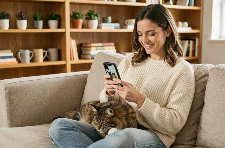 Femme souriante utilisant l'application Aplouf sur son smartphone avec son chat tigré posé sur ses genoux dans un salon chaleureux
