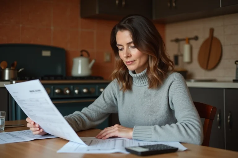 Femme française d'une quarantaine d'années consultant ses relevés bancaires et calculant son épargne à la table de sa cuisine parisienne