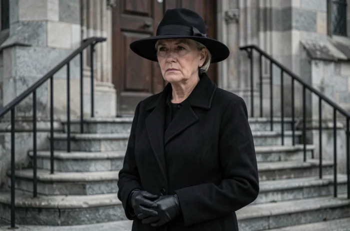 Femme portant un chapeau noir à larges bords lors d'un enterrement devant une église en pierre