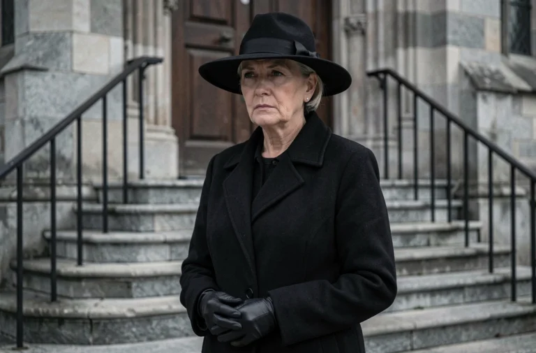 Femme portant un chapeau noir à larges bords lors d'un enterrement devant une église en pierre