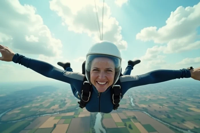 Femme en chute libre au-dessus de champs agricoles en combinaison de parachutisme, illustrant l'intensité physique et calorique du saut en parachute